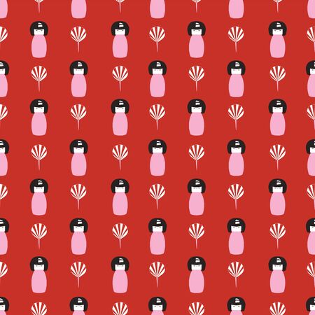 Japanese kokeshi dolls and folding fans seamless vector pattern. Background design in a flat graphic style. Vector illustrationのイラスト素材