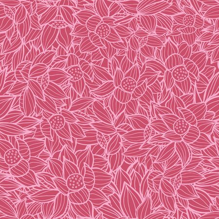 Dense floral texture of lotus flowers or water lilies in a hand drawn line art style. Vector seamless pattern. Great for home decor, fabric, paper goods, packaging., invitations.のイラスト素材