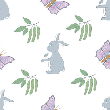 vector graphic seamless pattern with spring animals on a white backgroundのイラスト素材