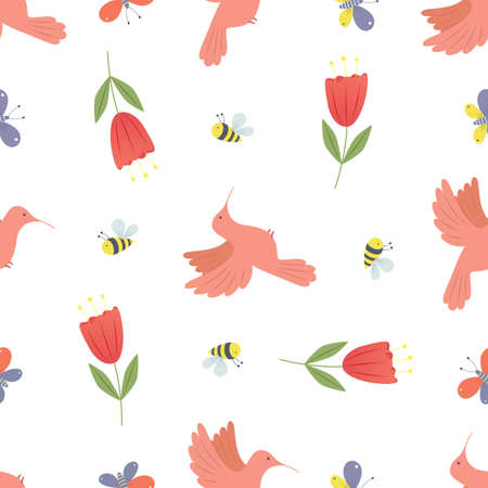 Vector graphic seamless pattern with flowers in folk style on a white backgroundのイラスト素材