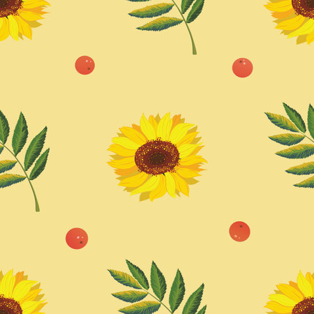 Vector graphic seamless pattern with sunflower and rowan ona white background