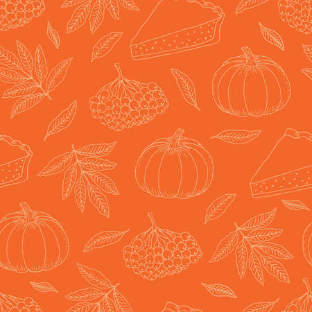 Vector hand drawn seamless pattern with colorful autumn leaves, acorns, rowanberries, pumpkins on an orange backgroundのイラスト素材