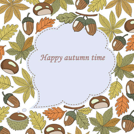 Vector hand drawn seamless pattern with colorful autumn leaves, acorns and chestnutsのイラスト素材