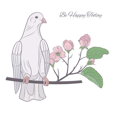Vector graphic illustration with pigeon and blooming tree on a white background-01のイラスト素材