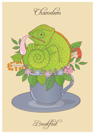 Vector abstract illustration with chameleon in a cup with leaves and flowersのイラスト素材