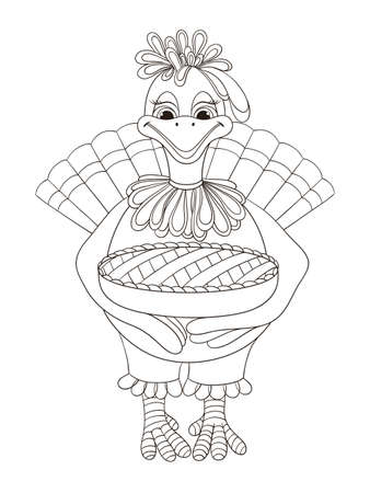 Vector holiday illustration of cute cheerful turkey with cakeのイラスト素材