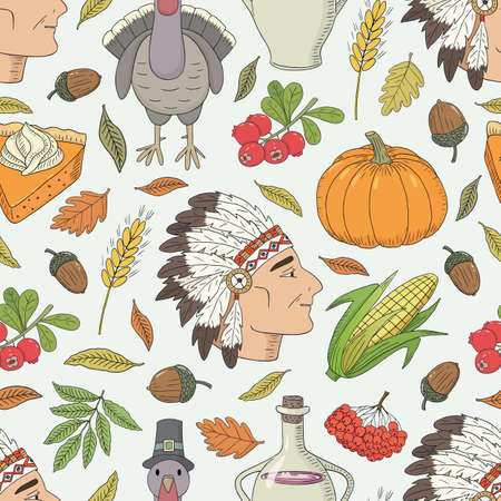 Vector hand drawn Thanksgiving seamless pattern. Light background with different objects symbolizing the holidayのイラスト素材