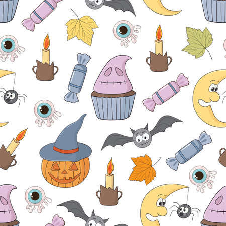 Vector seamless pattern with different funny objects, spider, bat, cake, moon, and web. Good for halloween packing, prints and textile productionのイラスト素材