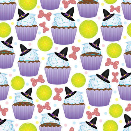 Vector seamless pattern with different cute objects: cupcakes, bows, cats, sweets, and lollipop. Good for halloween packing, prints and textile productionのイラスト素材