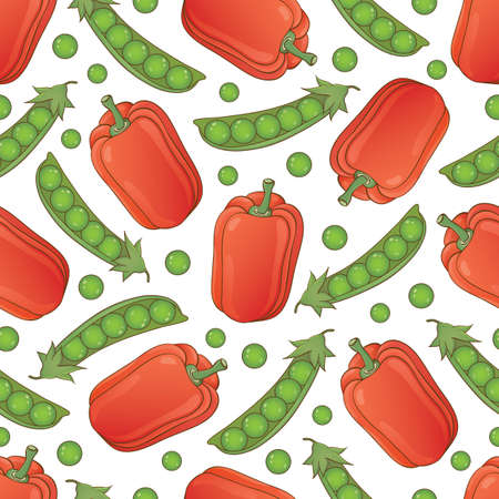Vector bright seamless pattern with ripe vegetables bell pepper and peasのイラスト素材