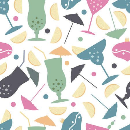 Vector New Year seamless pattern with umrellas, Christmas tree toys, glasses, lemons, olives on a white background. Can be used for packing, prints and textileのイラスト素材
