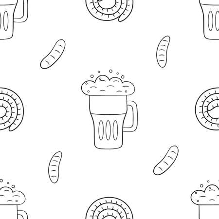 Vector graphic seamless pattern with beer and food on a white backgroundのイラスト素材