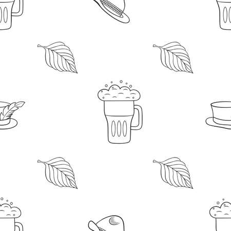 Vector graphic seamless pattern with beer and leaves and hats on a white backgroundのイラスト素材