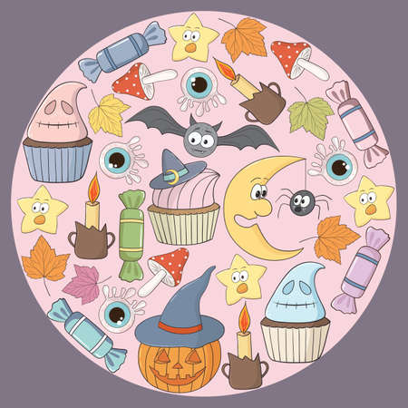 Vector round background with different funny objects, candle, mushroom, bat, cake, moon, and web. Good for halloween packing, prints and textile productionのイラスト素材