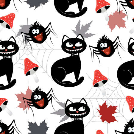 Vector seamless pattern with different funny objects mushroom, cat, spider, and web. Good for halloween packing, prints and textile productionのイラスト素材