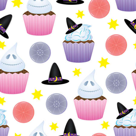 Vector bright seamless pattern with holliday cakes. Good for halloween packing, prints and textile productionのイラスト素材