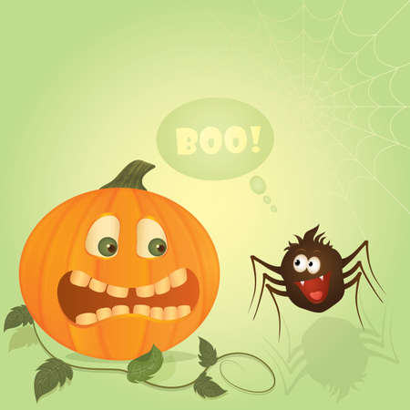Vector illustration for hallowing holiday. Frightened funny pumpkin and cute spiderのイラスト素材