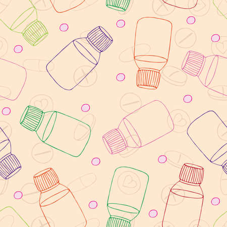 Vector handdrawn medical pattern with bottles and different drugsのイラスト素材