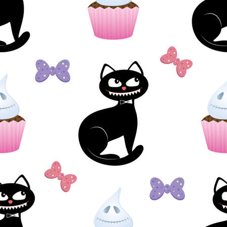 Vector graphic seamless pattern for Halloween holiday. Illustration with cats, cupcakes and bows on a white backgroundのイラスト素材