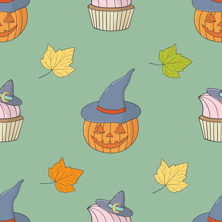 Vector graphic seamless pattern for Halloween holiday. Illustration with pumpkins, cupcakes and leaves on a green backgroundのイラスト素材