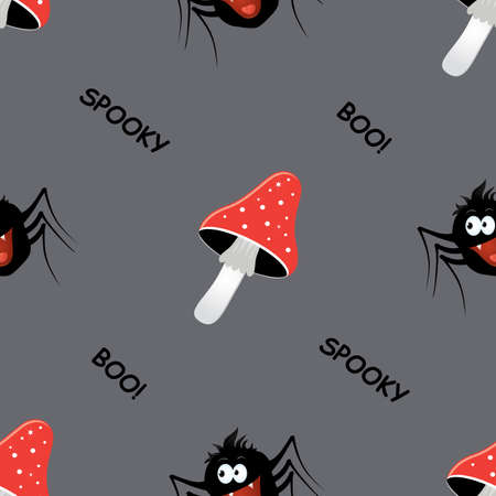 Vector graphic seamless pattern for Halloween holiday. Illustration with spiders, mushrooms and words on a gray backgroundのイラスト素材