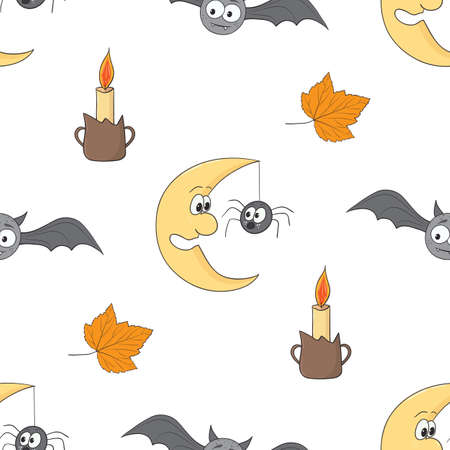 Vector graphic seamless pattern for Halloween holiday. Illustration with bats, moon, and candlesのイラスト素材