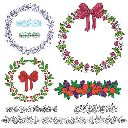 Set of hand drawn vector floral design elements. Isolated holiday wreathes with pattern brushesのイラスト素材