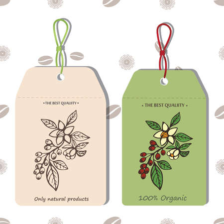 Vector graphic label templates with coffee plants on a seamless pattern backgroundのイラスト素材