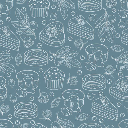 Hand drawn vector seamless pattern with different kind of cakesのイラスト素材