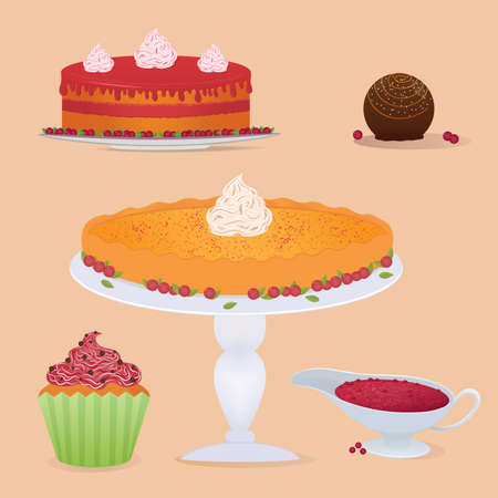 Vector illustration. Set of holiday sweets. Delicious desserts made from best products.のイラスト素材