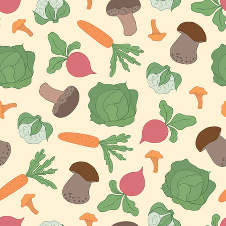 Vector seamless pattern with with ripe vegetables and mushroomsのイラスト素材