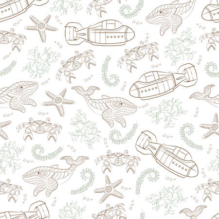 Underwater scene. Vector seamless pattern consists of different sea objectsのイラスト素材