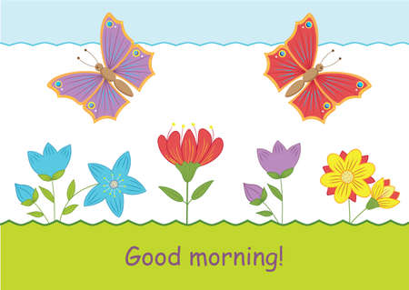 Vector bright card template. Greeting postcard with colored flowers and butterfliesのイラスト素材