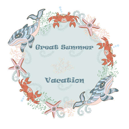 Underwater scene. Vector card template with different sea objects. Round frame with text.のイラスト素材
