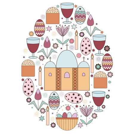 Vector flat set with different elements for Easter holiday. Religious objects made of childish style. All elements arranged in the oval form card templateのイラスト素材