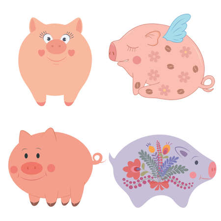 Cute piggies collection. Vector illustration of funny cartoon pigs in different poses. Isolated on white.のイラスト素材