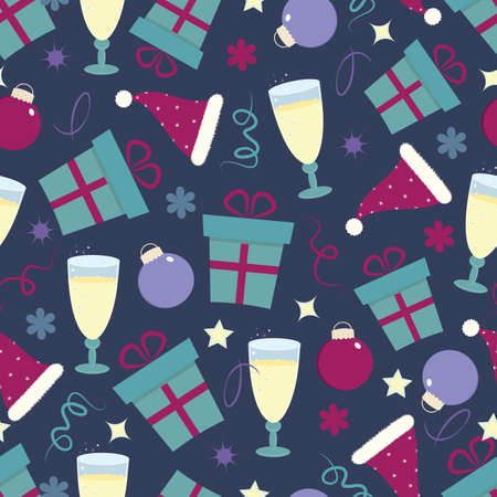 Vector New Year seamless pattern with presents, ribbons, Christmas tree toys, glasses of champagne, hats on a dark blue background. Can be used for packing prints and textileのイラスト素材