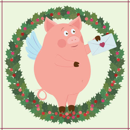 Vector card template. Illustration of small funny piggy and holiday wreath. Almost all elements can be changedのイラスト素材