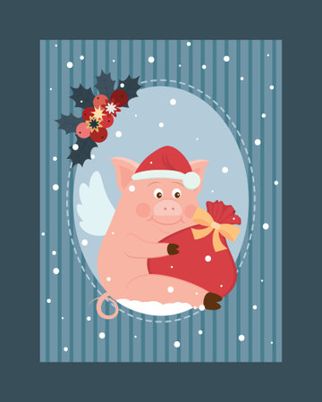Vector card template. Illustration of small funny piggy for New Year holidaysのイラスト素材