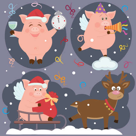 Vector set with design elements.Illustration of small funny piggies and a deer for holidaysのイラスト素材