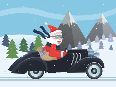 New Year vector illustration with happy Santa Claus in an old car. Bright cheerful Christmas card templateのイラスト素材