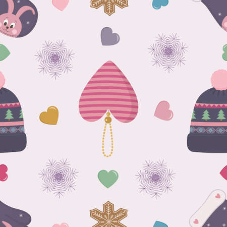 Vector graphic holiday seamless pattern with christmas toys, hats, mittens and biscuits on a pink backgroundのイラスト素材