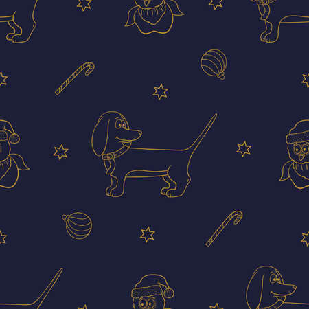 Vector winter holiday seamless pattern with dog and owl on a blue backgroundのイラスト素材