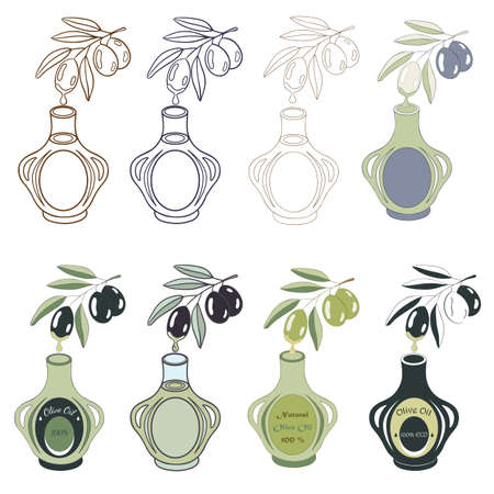 Vector illustration of olive branch with olive fruits and bottle. Different variants of logotype for olives production and farm industryのイラスト素材