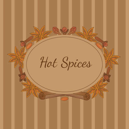 Herbs, spices and seasonings collection. Vector hand drawn frame template with cloves, cinnamon and illicium on a striped backgroundのイラスト素材