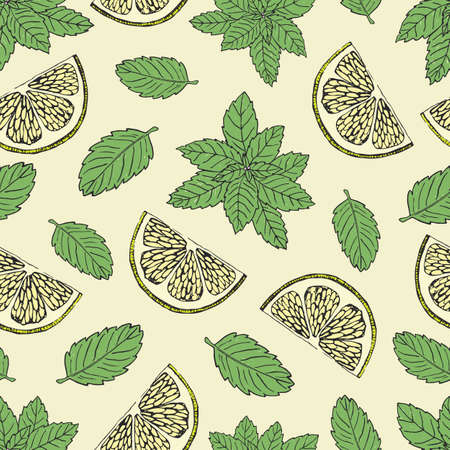 Tea collection.Vector hand drawn seamless pattern with slices of lemon and green mint