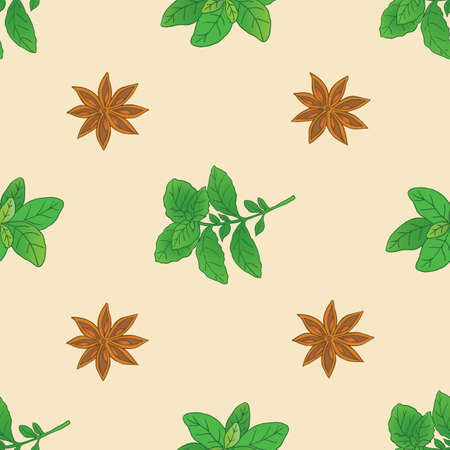 Vector spices collection seamless pattern with basilic and illicium ona light yellow backgroundのイラスト素材