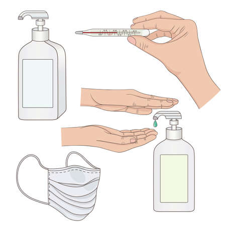 Vector medicinal illustration with hand and thermometer, hands disinfection and protective maskのイラスト素材