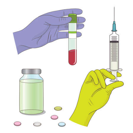 Vector medicinal illustration with hand and test tube, hand with syringe for injections and vaccineのイラスト素材