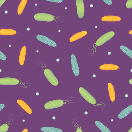 Vector bright hand drawn seamless pattern with different bacteria on a purple backgroundのイラスト素材